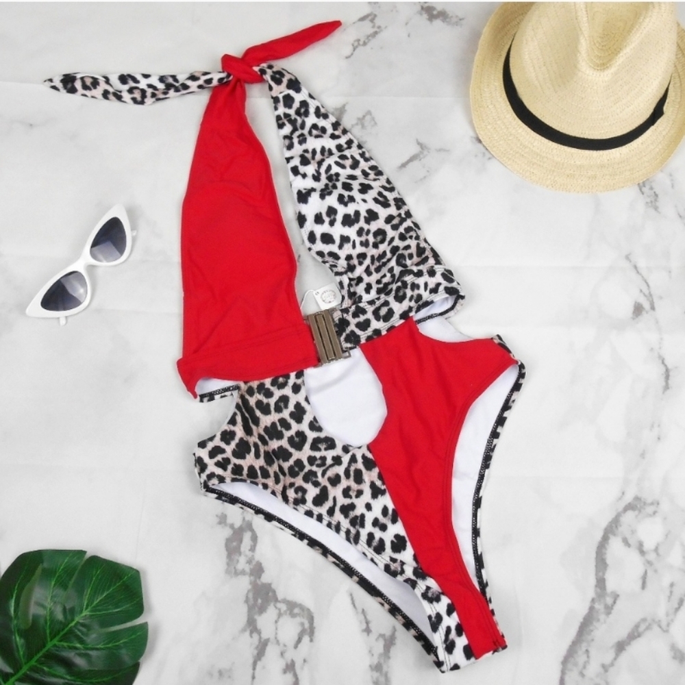 Red & Leopard Print Swimsuit